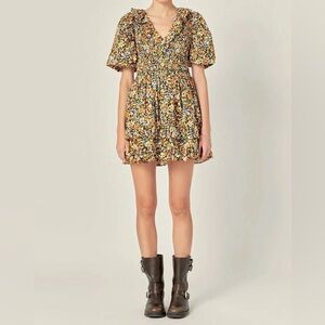 English Factory plunge V smocked floral mini dress XS